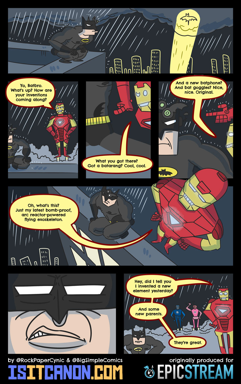 In this comic, Batman and Iron Man meet on a dramatic, stormy rooftop to see who is the better billionaire inventor.