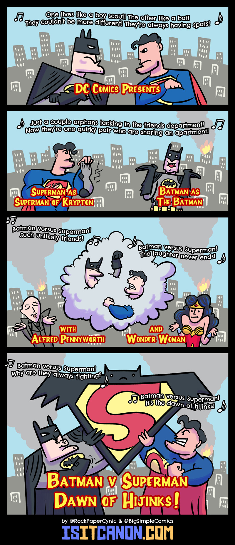 In this comic, we re-imagine Zach Snyder's Batman vs. Superman as a wacky 90s sitcom about 2 superhero roommates who can't get along: Batman vs. Superman: Dawn of Hijinks!