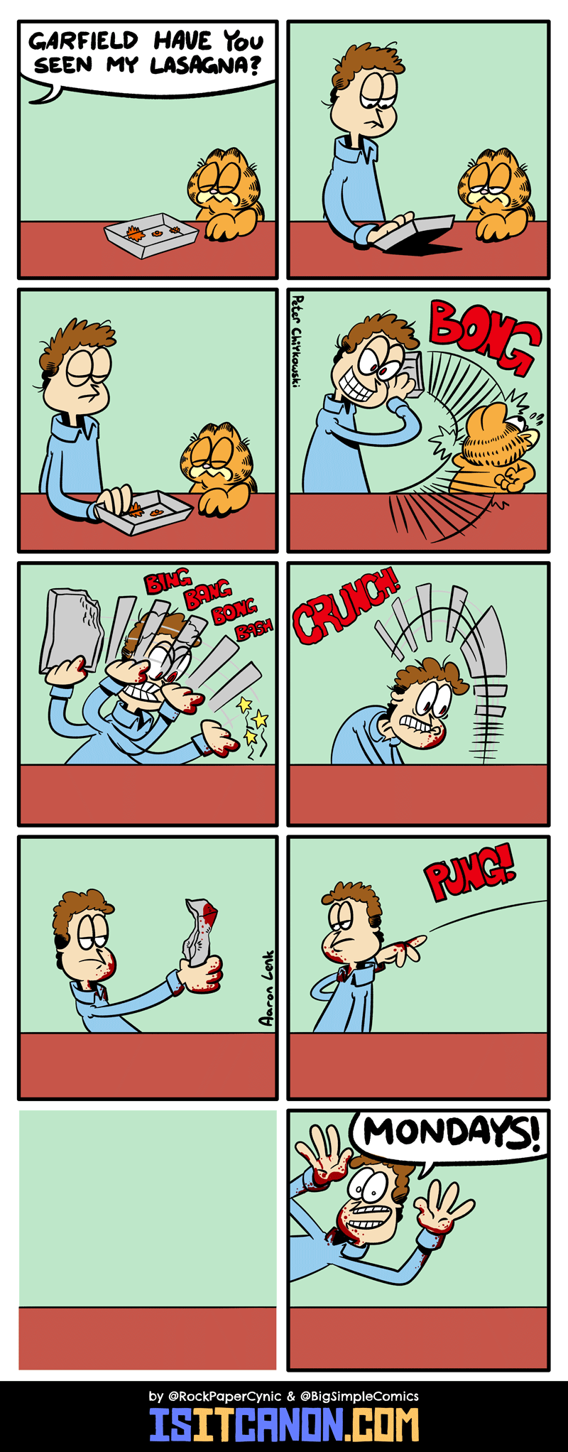 I let the demented artist take over writing the comic and running the site for April Fools Day. Here is what he made me post. Jon beating Garfield to death with a lasagna pan.