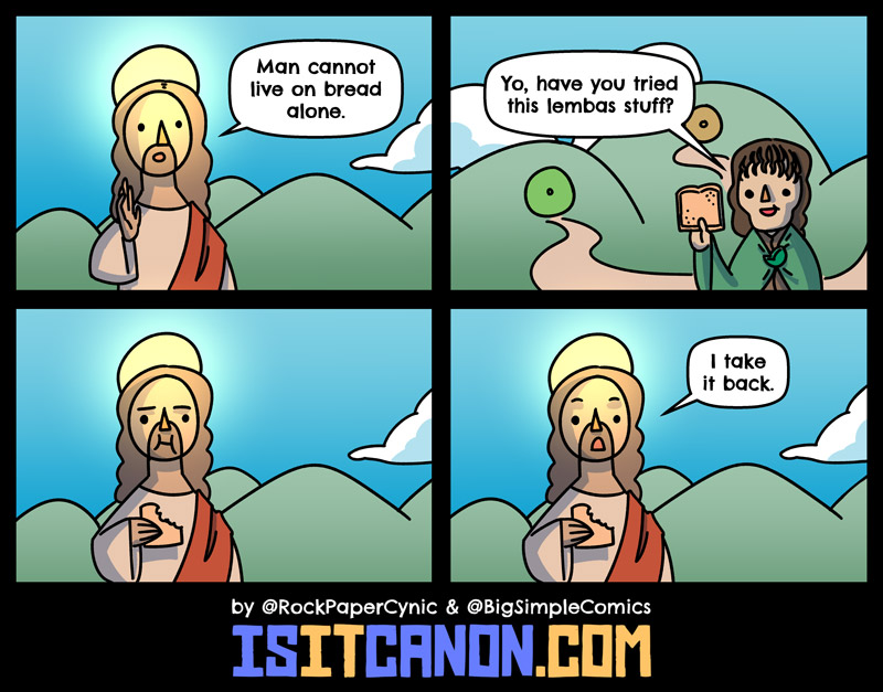 In this comic, Jesus tries lembas, the Elvish way bread, thanks to the intervention of a certain hobbit. Munching ensues.