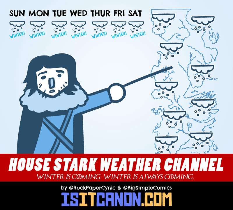 Welcome to the House Stark Weather Channel. Let's go live to Jon Snow with a forecast of ice and fire.